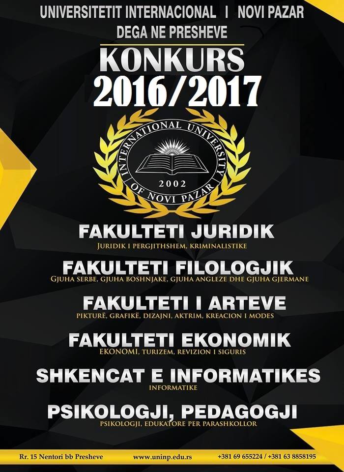 Universiteti Internacional i Novi Pazarit- dega në Preshevë shpall konkurs për vitin akademik 2016/2017