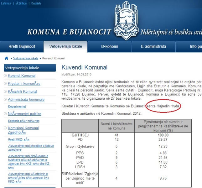 Faqja zyrtare e komunes se Bujanocit (03.04.2014)